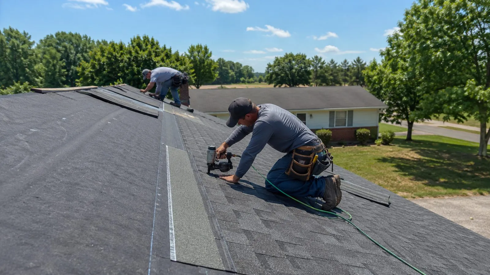 Roofing crew installing architectural asphalt shingles on a western Kentucky home