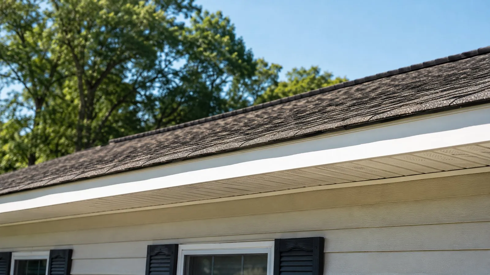 Vented soffit under the white-fascia eave of a single-story western Kentucky home, with dark asphalt shingles running up to the ridge