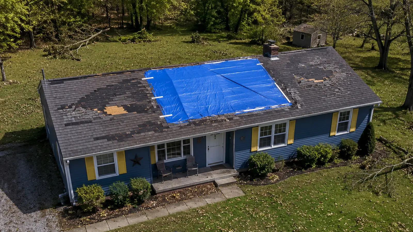 Aerial view of a blue single-story ranch house with large patches of asphalt shingles torn away exposing bare roof decking, a blue emergency tarp strapped over one section of the roof, and downed tree limbs and leaf litter scattered across the yard