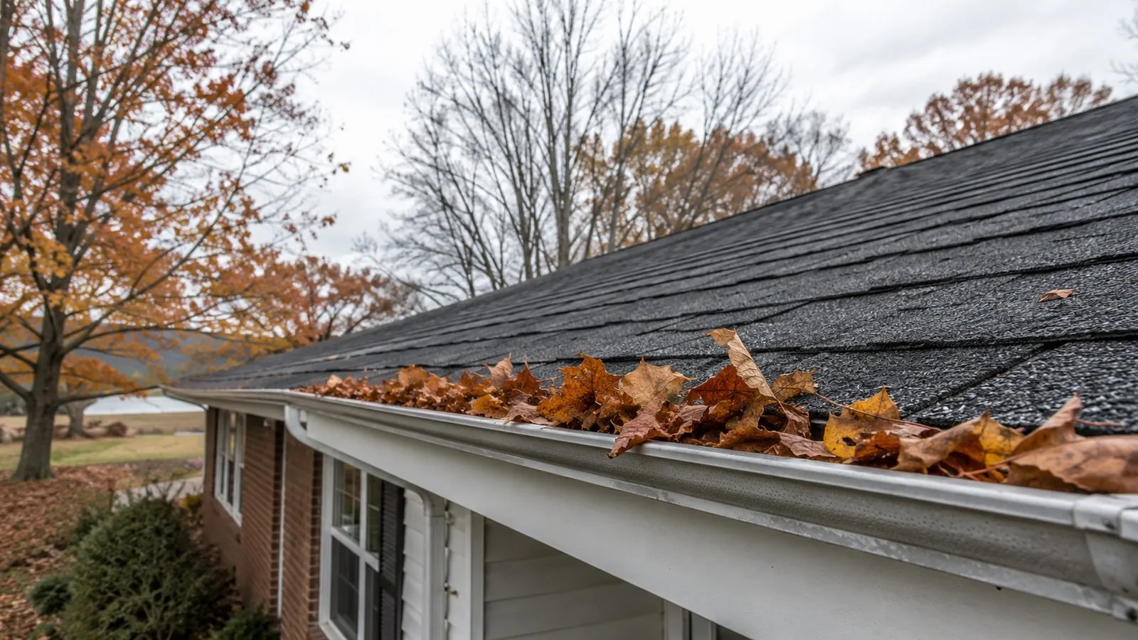 Fallen leaves collecting in the gutter along the eave of a single-story western Kentucky home with dark asphalt shingles under an overcast autumn sky
