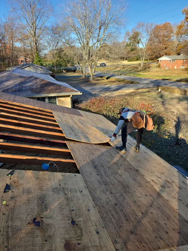 Roofer laying new decking over exposed rafters during a tear-off in Murray, KY