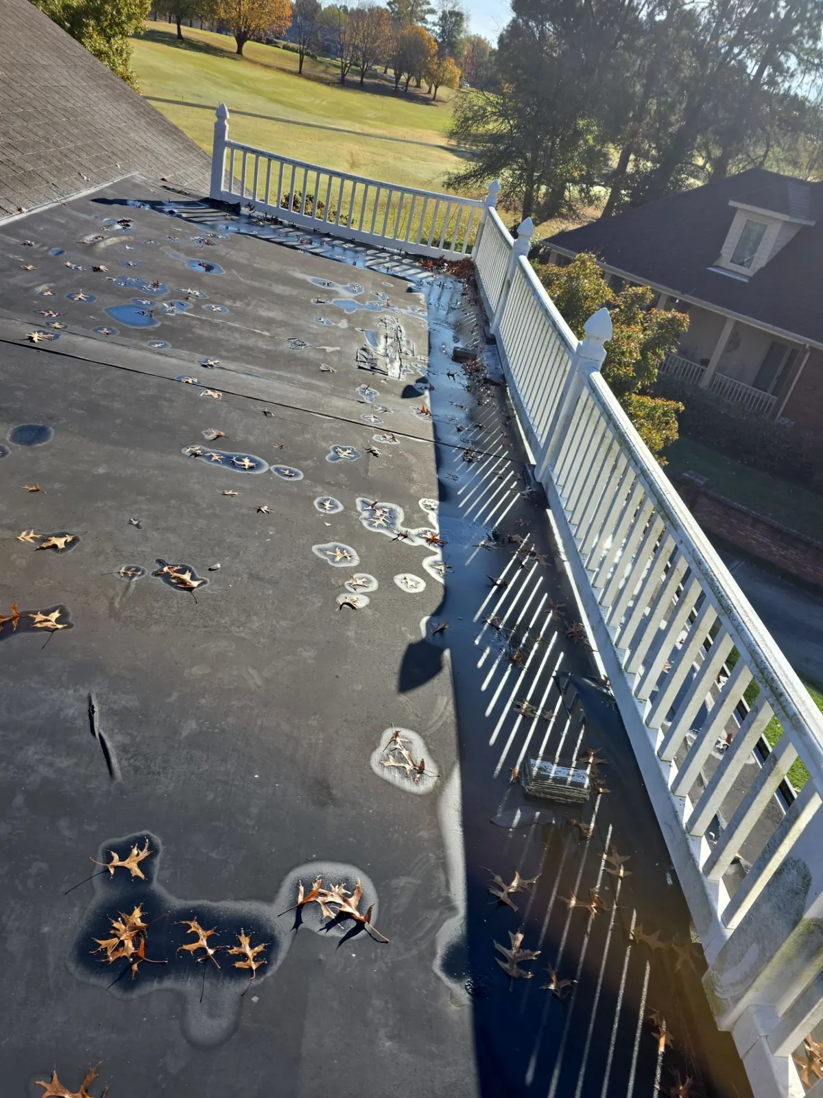 Standing water and leaf debris on the aging dark membrane beside the railing