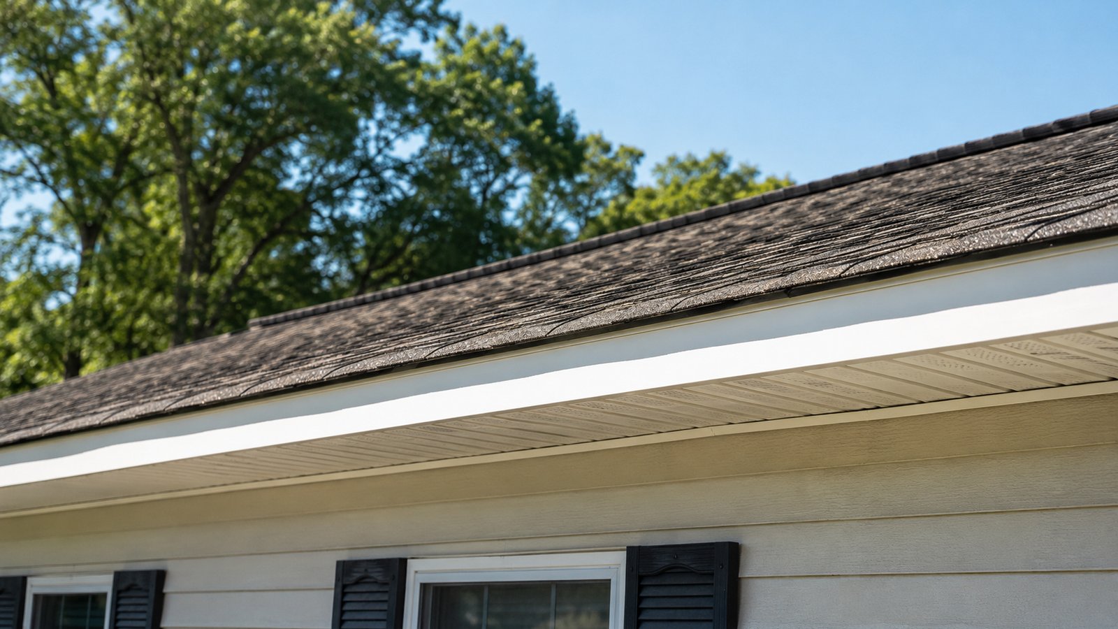 Vented soffit under the white-fascia eave of a single-story western Kentucky home, with dark asphalt shingles running up to the ridge